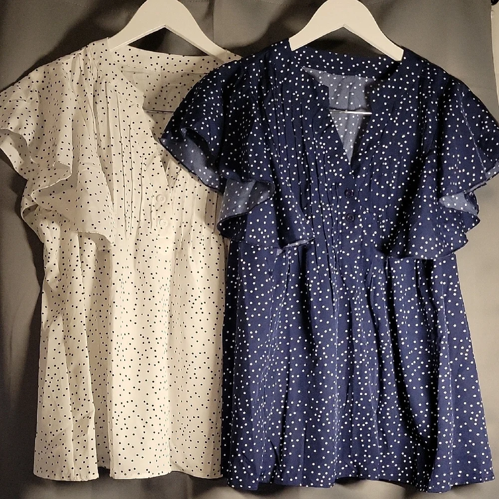 NWOT Shein Curve Polka Dot Flowy Blouse Set in White and Navy 1XL - Picture 2 of 8